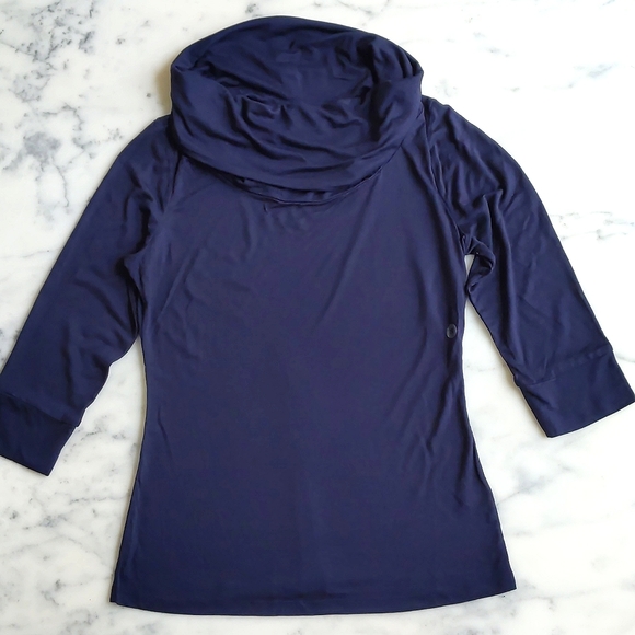 NWT. The Limited Modal and Wool Dark Navy Blue Cowl Neck Top with 3/4 sleeve. - Picture 3 of 4